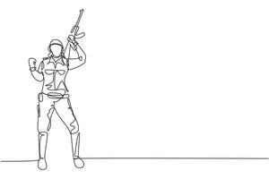 Single one line drawing female soldier stands with celebrate gesture, weapon and full uniform serving country with strength of military forces. Continuous line draw design graphic vector illustration
