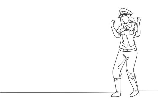 Continuous one line drawing policewoman standing with celebrate gesture and uniform works to control vehicle traffic on highway. Standby on patrol. Single line draw design vector graphic illustration
