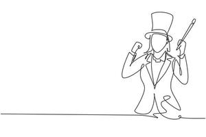 Single continuous line drawing female magician with celebrate gesture wearing hat and holding magic stick ready to entertain audience at television. One line draw graphic design vector illustration