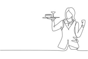 Single continuous line drawing waitress with celebrate gesture and brought a tray of drinking glasses serving visitors at cafeteria. Successful work. One line draw graphic design vector illustration