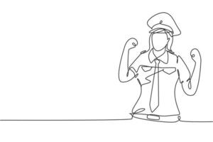 Single continuous line drawing female pilot with celebrate gesture and full uniform ready to fly with cabin crew in aircraft at international airport. One line draw graphic design vector illustration