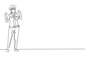 Single one line drawing female pilot stands with celebrate gesture and complete uniform serves airplane passengers fly to destination. Modern continuous line draw design graphic vector illustration