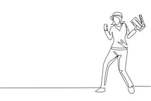 Single one line drawing female film director stands with celebrate gesture holding clapperboard and prepare camera crew for shooting at studio. Continuous line draw design graphic vector illustration