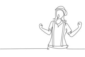 Continuous one line drawing female mime artist with celebrate gesture and white face make-up puts on a silent motion comedy show at circus arena. Single line draw design vector graphic illustration