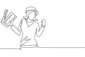 Single one line drawing female film director with celebrate gesture holding clapperboard and set crew for studio shooting. Professional works. Continuous line draw design graphic vector illustration