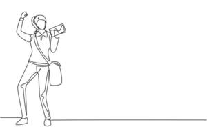 Continuous one line drawing postwoman standing with celebrate gesture, wearing uniform, bag, and holding envelope delivering mail to home address. Single line draw design vector graphic illustration