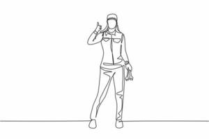 Single continuous line drawing female mechanic stands up with a thumbs-up gesture and holding the wrench to perform maintenance on the vehicle engine. One line draw graphic design vector illustration