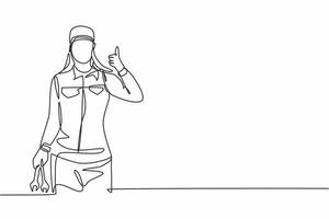 Single one line drawing of female mechanic with a thumbs-up gesture and holding the wrench works to fix a broken car engine in garage. Modern continuous line draw design graphic vector illustration