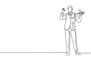 Single continuous line drawing waiter stood up with gesture okay and brought tray of drinking glasses to offer restaurant guests. Success job. Dynamic one line draw graphic design vector illustration