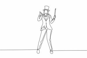 Single continuous line drawing female magician stands with thumbs-up gesture wearing a hat and holding a magic wand performing tricks at a circus show. One line draw graphic design vector illustration