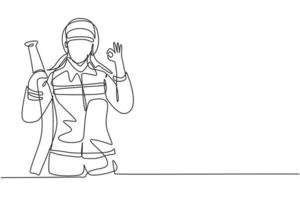 Single continuous line drawing firefighters with full uniform, gesture okay and holding hose prepare to put out the fire that burned building. Dynamic one line draw graphic design vector illustration