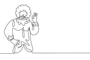 Single one line drawing clown with gesture okay, wearing wig and smiling face makeup, entertaining kids at birthday party. Good perform. Modern continuous line draw design graphic vector illustration