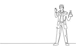 Single one line drawing of scientist stands with gesture okay and holding measuring tube filled with chemical liquid. Success business. Modern continuous line draw design graphic vector illustration