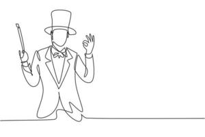 Continuous one line drawing magician with gesture okay wearing hat and holding magic stick ready to entertain audience at television show. Good job. Single line draw design vector graphic illustration