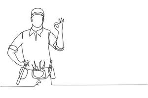 Continuous one line drawing handyman with gesture okay ready to work on repairing the damaged part of house. Professional work. Success business. Single line draw design vector graphic illustration