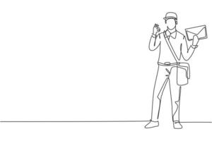 Continuous one line drawing postman standing in a hat, sling bag, uniform, holding envelope, and with gesture okay delivering mail to home address. Single line draw design vector graphic illustration