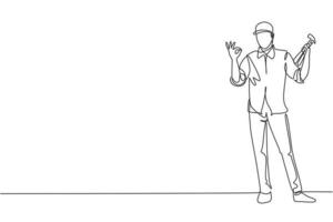 Single one line drawing of carpenter standing with gesture okay works for the wood industry and must be skilled at using carpentry tools. Modern continuous line draw design graphic vector illustration