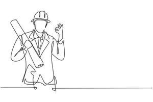 Single continuous line drawing architect with gesture okay and wearing helmet carried building construction drawing paper. Success business. Dynamic one line draw graphic design vector illustration