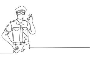 Single continuous line drawing male pilot with gesture okay and full uniform ready to fly with cabin crew in aircraft at international airport. Dynamic one line draw graphic design vector illustration