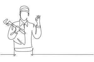 Continuous one line drawing plumber with gesture okay ready to work on repairing the leaking drain in sink and house's drains. Success business. Single line draw design vector graphic illustration