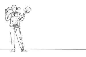 Continuous one line drawing male farmer stood with gesture okay, wearing straw hat and carrying shovel to plant crops on farmland. Success business. Single line draw design vector graphic illustration