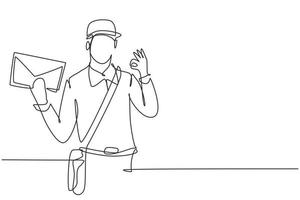 Continuous one line drawing postman wearing hat, sling bag, and uniform with gesture okay holds envelope to delivered to home address. Success job. Single line draw design vector graphic illustration