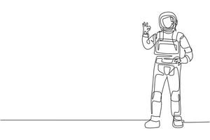 Single continuous line drawing astronaut stands with gesture okay wearing space suit exploring earth, moon, other planets in the universe. Dynamic one line draw graphic design vector illustration