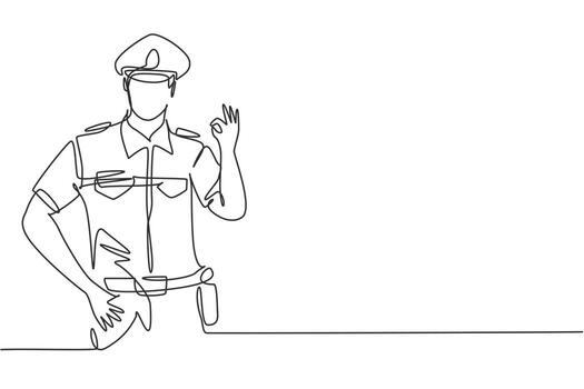 Single continuous line drawing policeman with gesture okay and full uniform is ready to enforce traffic discipline on highway. Standby patrol. Dynamic one line draw graphic design vector illustration