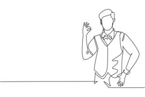 Single one line drawing of steward with gesture okay ready to serve airplane passengers in a friendly and warm manner. Professional work. Modern continuous line draw design graphic vector illustration
