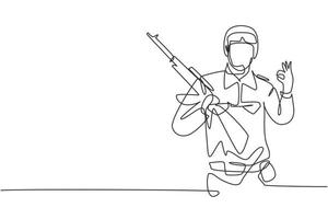 Single continuous line drawing soldier with weapon, full uniform, gesture okay is ready to defend the country on battlefield against enemy. Dynamic one line draw graphic design vector illustration