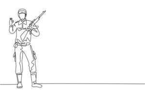 Single continuous line drawing Soldier stands with weapon, full uniform, and gesture okay serving the country with strength of military forces. Dynamic one line draw graphic design vector illustration