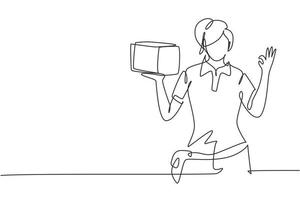 Continuous one line drawing deliverywoman with gesture okay, carrying the package box to be delivered to customers with best service. Success job. Single line draw design vector graphic illustration