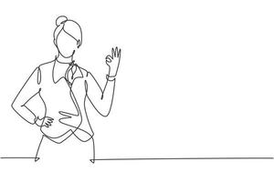 Single one line drawing flight attendant with gesture okay ready to serve airplane passengers in a friendly and warm manner. Professional work. Continuous line draw design graphic vector illustration