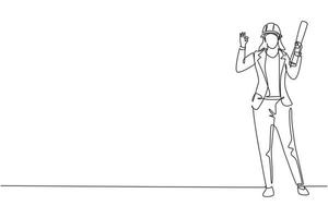 Continuous one line drawing female architect stood with gesture okay and wearing helmet carrying blueprint for building's work plan. Success job. Single line draw design vector graphic illustration