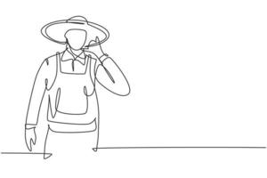 Single continuous line drawing farmer with call me gesture wearing straw hat and uniform working on farm at village. Success business concept. Dynamic one line draw graphic design vector illustration