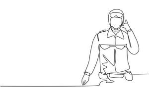 Single continuous line drawing soldier with goggle, full uniform, call me gesture is ready to defend the country on battlefield against enemy. Dynamic one line draw graphic design vector illustration