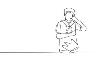 Un marinero de dibujo de una sola línea con un gesto de llámame y un pañuelo alrededor del cuello listo para navegar a través de los mares en un barco encabezado por el capitán. Ilustración de vector gráfico de diseño de dibujo de línea continua moderna