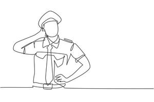 Continuous one line drawing pilot with call me gesture and full uniform ready to fly with cabin crew in aircraft at airport. Professional person. Single line draw design vector graphic illustration