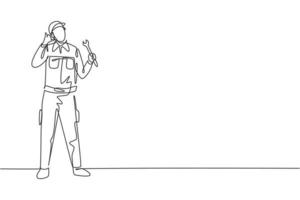 Single one line drawing mechanic stands up with call me gesture and holding wrench to perform maintenance on vehicle engine. Success business. Continuous line draw design graphic vector illustration