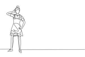Single continuous line drawing maid in hotel stood with one hand on waist and the other with call me gesture. Working with great hospitality. Dynamic one line draw graphic design vector illustration