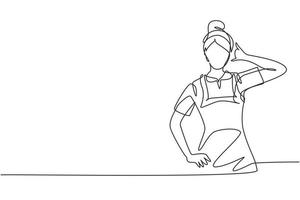 Single one line drawing maid in hotel with call me gesture and in neat uniform. Tidying up messy bed in hotel room. Professional person. Modern continuous line draw design graphic vector illustration