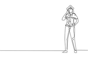 Single one line drawing female pilot stands with call me gesture and complete uniform serves airplane passengers fly to destination. Modern continuous line draw design graphic vector illustration