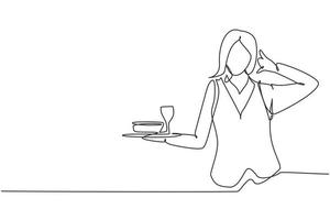 Continuous one line drawing waitress with call me gesture and brought a tray of drinking glasses serving visitors at cafeteria. Professional job. Single line draw design vector graphic illustration