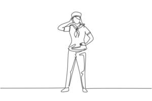 Single continuous line drawing sailor woman stands with call me gesture and scarf around neck join cruise ship carrying passengers traveling seas. One line draw graphic design vector illustration