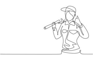 Single one line drawing female plumber with call me gesture ready to work on repairing the leaking drain in sink and house's drains. Modern continuous line draw design graphic vector illustration