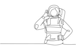 Una sola línea dibujando una astronauta femenina con un gesto de llamarme usando trajes espaciales para explorar el espacio exterior en busca de los misterios del universo. Ilustración de vector gráfico de diseño de dibujo de línea continua moderna