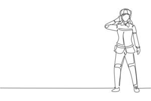 Single continuous line drawing female firefighter stood with call me gesture, wearing helmet and uniform work to extinguish fire at building. Dynamic one line draw graphic design vector illustration