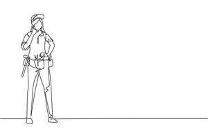 Single continuous line drawing handywoman stands with call me gesture and tools such as pliers, screwdriver, hammer that is placed on his work shirt. One line draw graphic design vector illustration