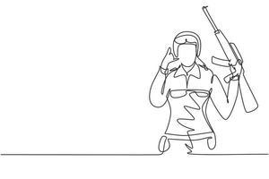 Single continuous line drawing female soldier with call me gesture, weapon and uniform is ready to defend country on battlefield against enemy. Dynamic one line draw graphic design vector illustration