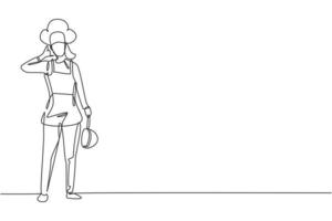 Single one line drawing female chef stands with call me gesture, holding pan and wearing cooking uniform prepares ingredients to cook dishes. Continuous line draw design graphic vector illustration